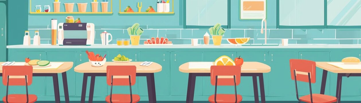 healthy eating at school flat design side view cafeteria lunch theme cartoon drawing Complementary Color Scheme