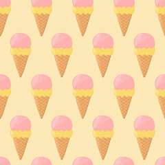 Ice cream seamless pattern. Waffle cone with scoops of ice cream. Background for poster, print, cards, wrapping paper, clothes decoration and ice cream shop