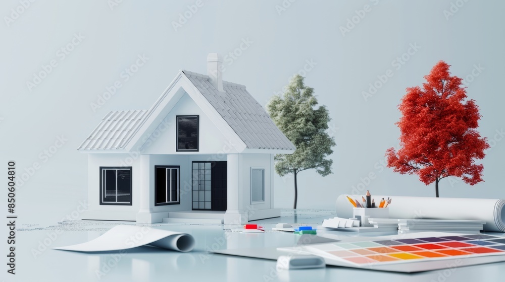 Poster a house model design for a construction project. an architecture software concept. a 3d rendering.