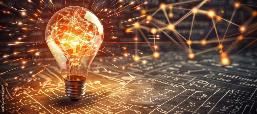 Poster glowing lamp symbolizing scientific thought with formulas as science and education backdrop