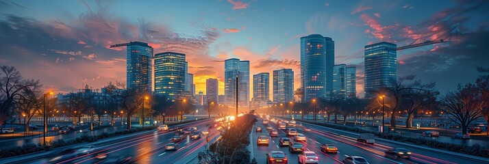 Fototapeta premium Modern Paris Skyscrapers: Night Architecture, Dynamic Traffic in Business District
