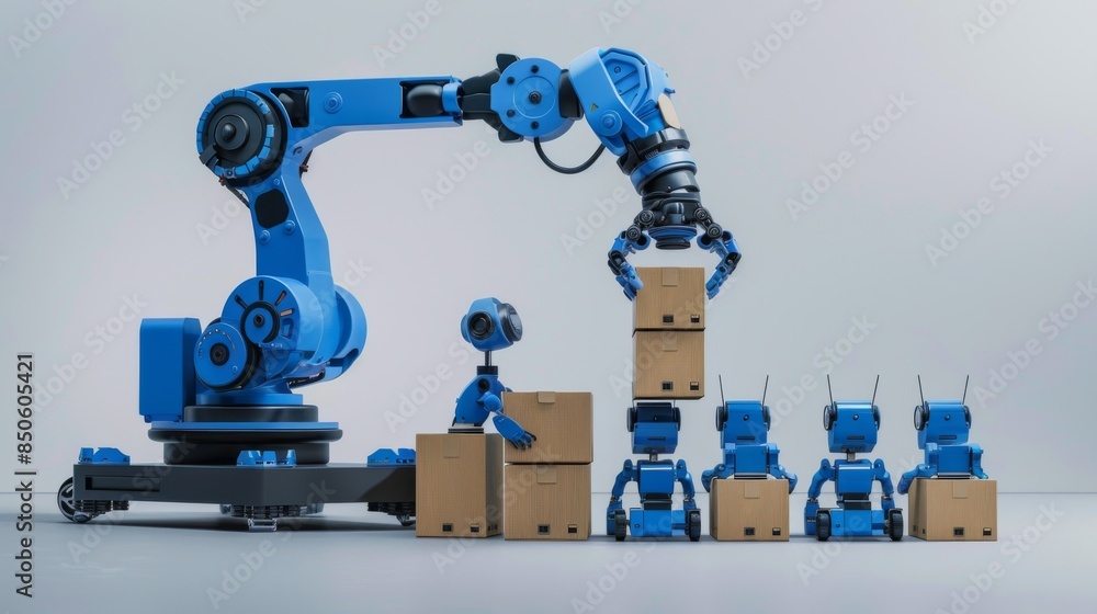 Poster inventor with autonomous guided robot moving on agv system with robotic arm carrying cardboard box i
