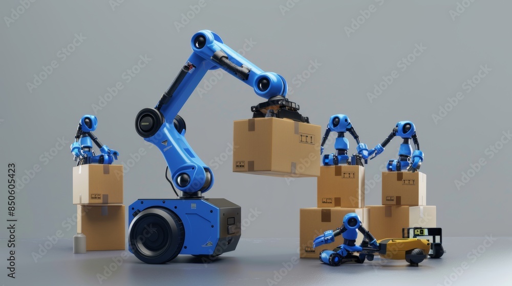 Poster agv system robotic arm carrying cardboard box. 3d rendering of the smart industry production factory
