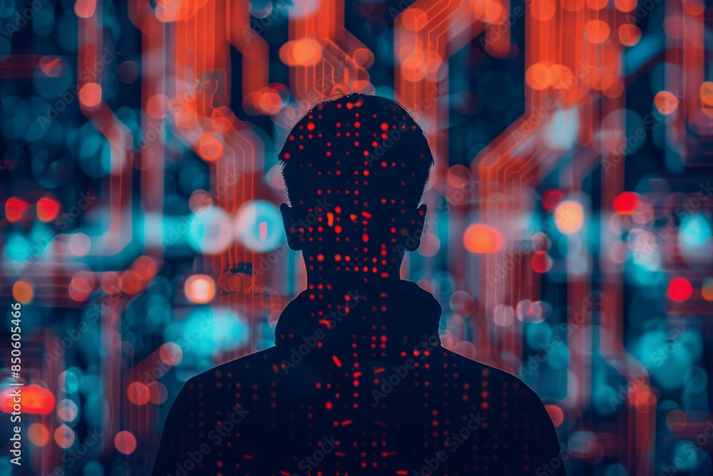Poster silhouette of a person with a digital pattern overlay set against a vibrant, abstract tech backdrop