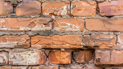 Obraz premium Close-up of old brick wall, gentle natural light, chipped and uneven with aged patina.