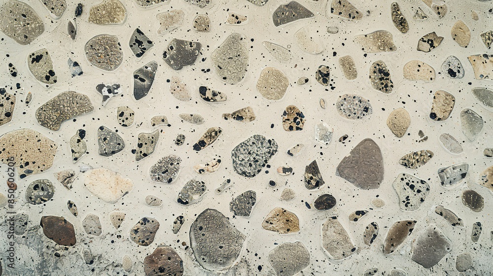 Poster close-up of exposed aggregate concrete, bright daylight, embedded stones creating a textured surface