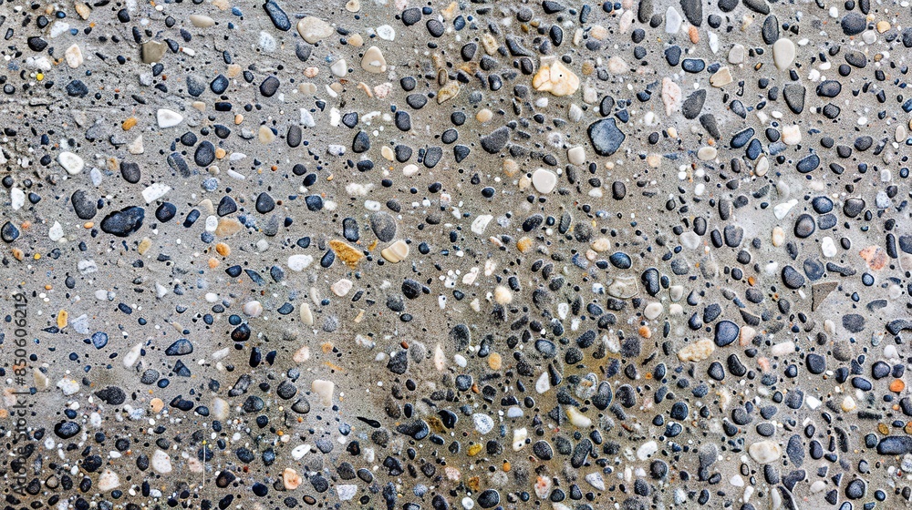 Poster close-up of exposed aggregate concrete, bright daylight, embedded stones creating a textured surface