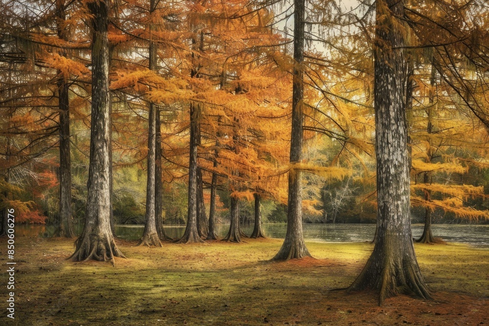 Poster golden cypress trees by a calm lake during fall, creating a tranquil scene