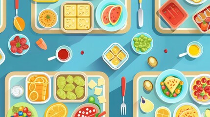 school cafeteria flat design top view healthy lunchtime theme cartoon drawing vivid