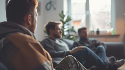 Man Club. Three men communicate while sitting on sofa.