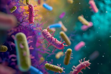 Vivid 3d illustration of diverse bacteria floating in a microscopic environment