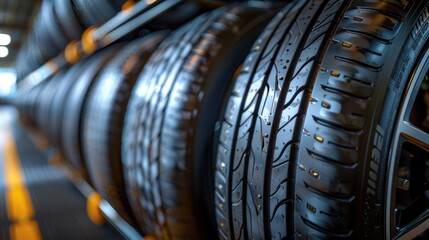 Fototapeta premium Car Tires A closeup of brandnew car tires with deep treads close up, focus on treads durability realistic, Silhouette, auto shop