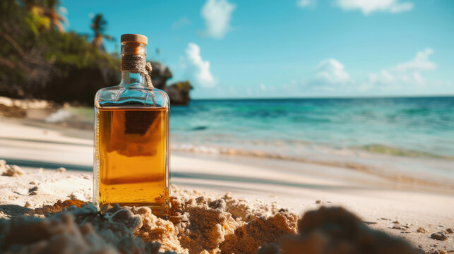 Empty bottle of rum on the sand near the shore