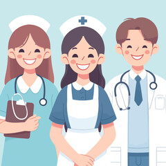 illustration of a midwife, nurse, and doctor standing together