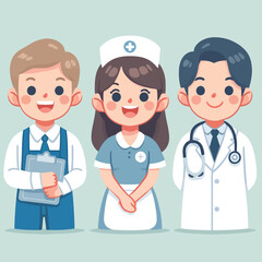 illustration of a happy midwife, nurse, and doctor smiling