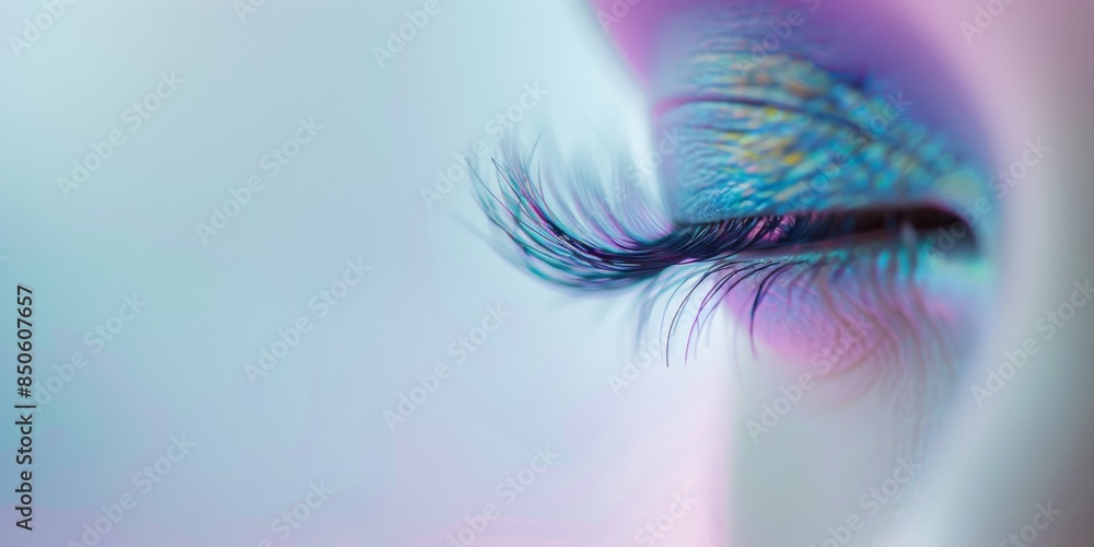 Wall mural A close up image of a womans eye featuring vibrant blue eye shadow and detailed eyelashes, showing artistic use of color and styling - Wall murals