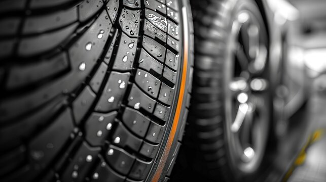 Closeup of car tires with detailed treads, set against a sleek background, suitable for a garage or man cave, symbolizing strength, durability, and the power of motion