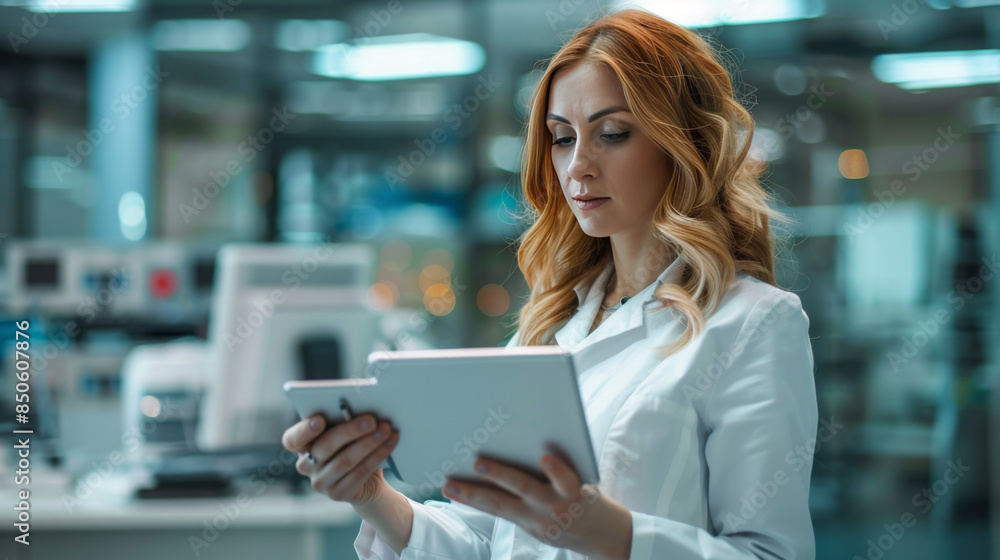 Poster a female scientist in a lab coat using a tablet to analyze data in a high-tech laboratory setting.