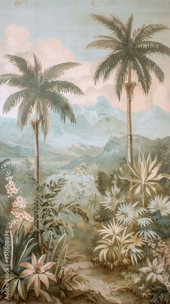 Wall mural Tropical forest landscape wallpaper design - Mural wallpaper - 3D illustration. AI generated illustration