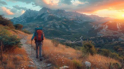 Fototapeta premium hiking, side view, mountain trail, advanced tone, vivid