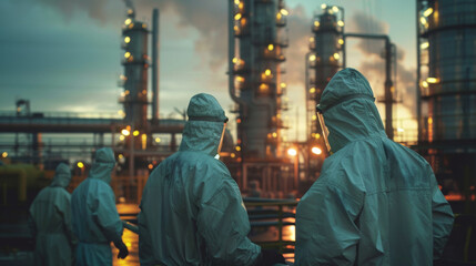 Obraz premium Industrial workers in protective suits at a refinery, with illuminated structures in the background during twilight.