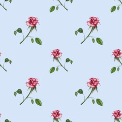 Seamless floral pattern with pink roses in watercolor style. Hand drawn watercolor illustration, pattern on color background. For card, packing, clothes and other DIY.