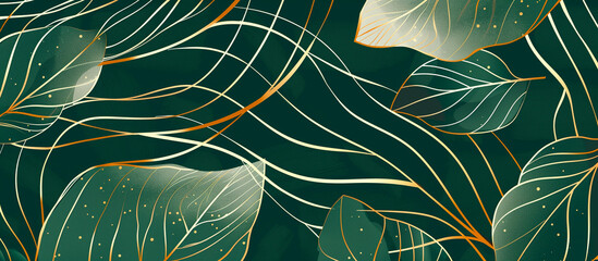 green leaves pattern golden line abstract luxury texture background