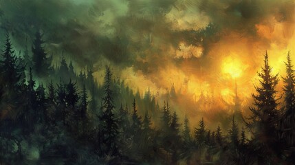Fantasy landscape, dark environement in the left part of the painting, light environement on the right side of the painting, fantasy, landscape, environment, amazing landscape 