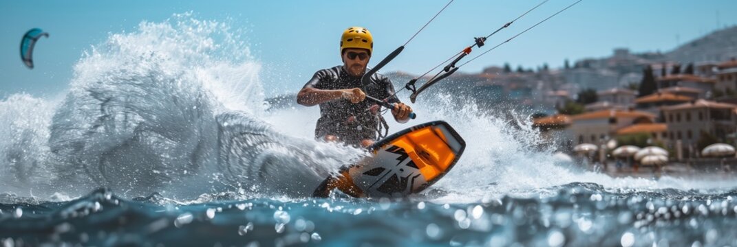 Kitesurfing Athlete Enjoys Water Sports Session in Akyaka, Turkey