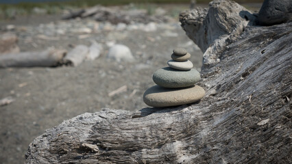 A stack of rocks on a log