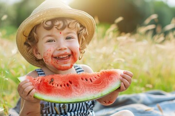 Child in straw hat happily eating watermelon in sunlit grass field on summer day