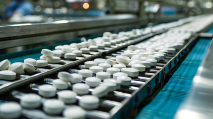 Fototapeta premium Tablets and capsules are made in a factory on a production line. White painkiller pills move on a conveyor belt to be packaged.