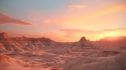 Fototapeta premium illustration of majestic view of rough uneven solid surface of badlands in evening at sunset time.