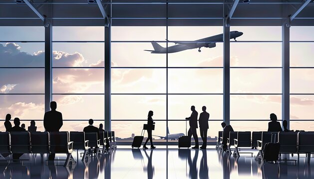 aeropuerto futurista. ventana y avi&oacute;n despegando