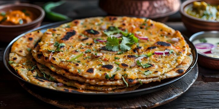 Savor flavorful Delhi street food like masala roti paneer paratha and gobi paratha. Concept Delhi Street Food, Masala Roti, Paneer Paratha, Gobi Paratha, Flavorful Delights