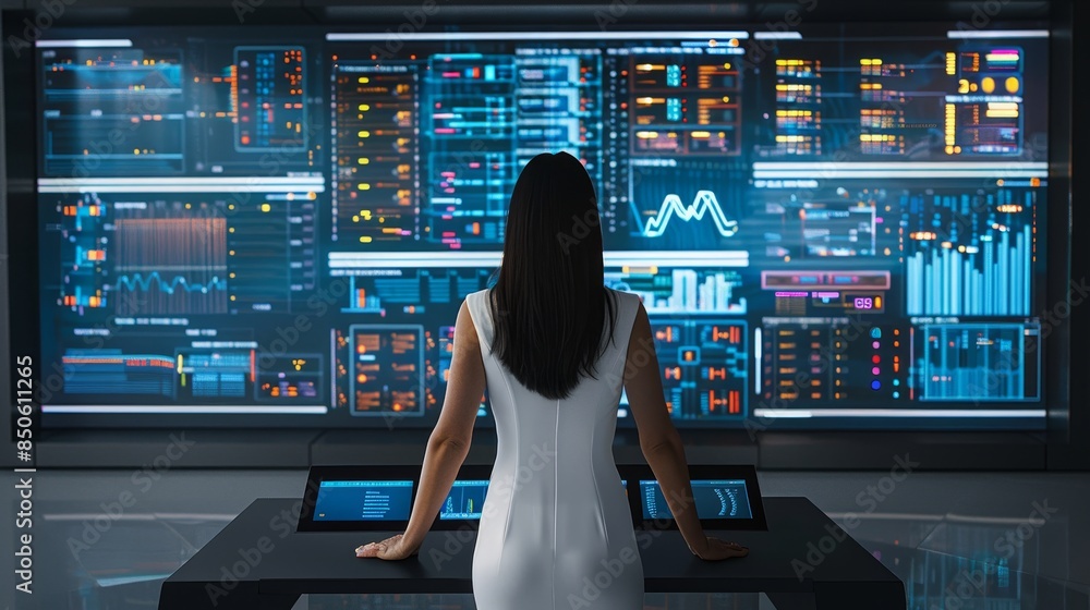Poster digital visionaries observe data streams on mountain peak and analyze complex visualization