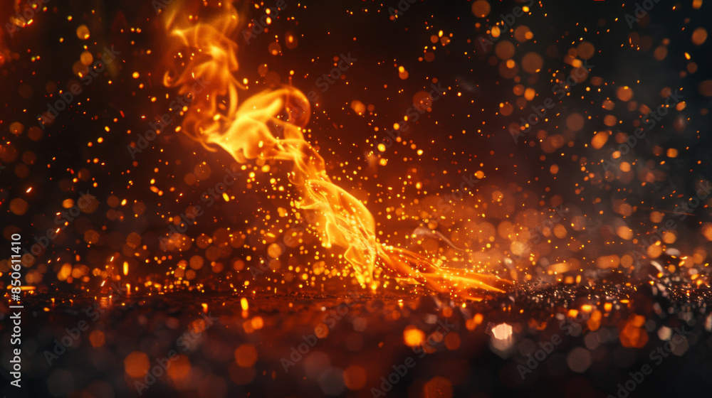 Poster dynamic image of fiery sparks and flames against a dark background, creating a dramatic and intense 