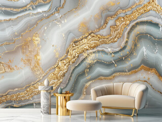 3d wallpaper grey marble with golden abstract fluid shapes for living room interior. Created with Ai 