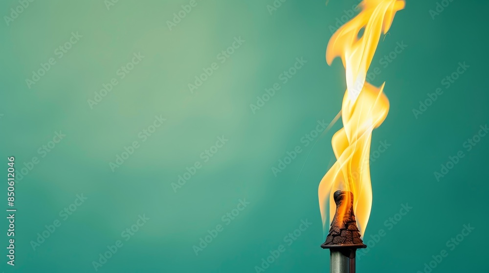 Poster a torch flame against a teal background - a single torch with a flame burns against a teal backdrop.