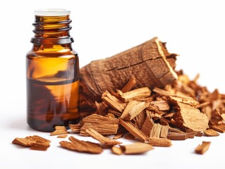 Cedarwood Essential Oil and Wood Chips - A small bottle of essential oil sits on a pile of cedarwood chips against a white background.