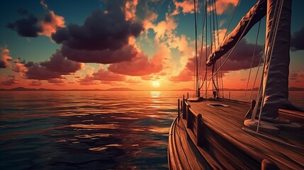 illustration of scenic view of sailboat with wooden deck and mast with rope floating on rippling dark sea against cloudy sunset sky.