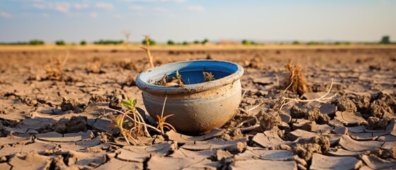 Fototapeta premium Cracked clay pot in a barren field,