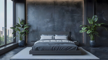 Luxurious large bedroom with black dark gray walls and a bed. Deep rich colors grey, graphite and white.  