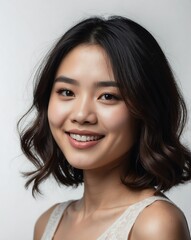 Naklejka premium white background studio portrait of smiling asian pretty woman model with clear smooth skin
