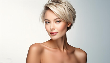 Naklejka premium studio portrait of a blonde short haired woman with nude shoulders on a white background