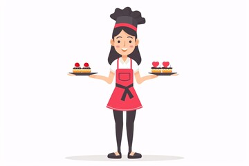 Modern 64-bit Waitress in Flat Design - Cute and Colorful Character on White Background