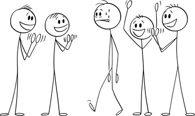 Crowd or team applauds or celebrates a shy person, vector cartoon stick figure or character illustration.