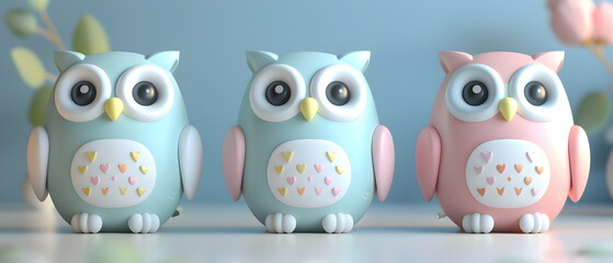 Fototapeta premium 3D clay, Adorable clay owl bird ,muted pastels, Blender 3d, Easter bunny with colorful eggs and cute , kawaii pets model, dolls decorations