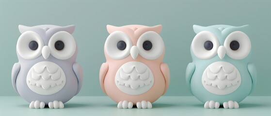 Obraz premium 3D clay, Adorable clay owl bird ,muted pastels, Blender 3d, Easter bunny with colorful eggs and cute , kawaii pets model, dolls decorations