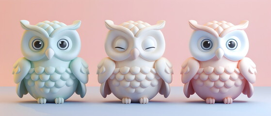 Fototapeta premium 3D clay, Adorable clay owl bird ,muted pastels, Blender 3d, Easter bunny with colorful eggs and cute , kawaii pets model, dolls decorations